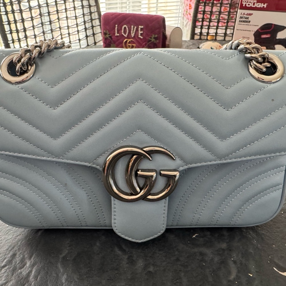 Gucci Light Blue Quilted Chevron Shoulder Bag with Silver Double G